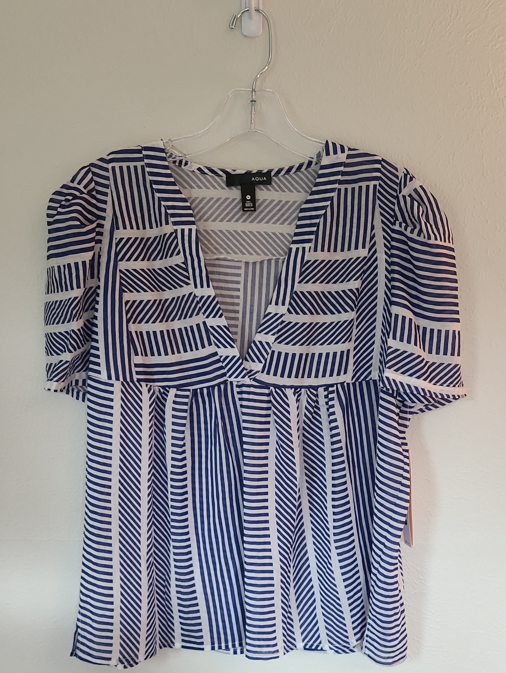 Aqua Navy and White Geometric Stripe V-Neck Blouse
